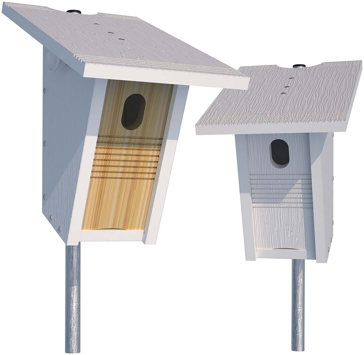 Image of two Star Prairie Nest Boxes, one with a cedar wood entrance panel and one with a cellular PVC entrance panel.