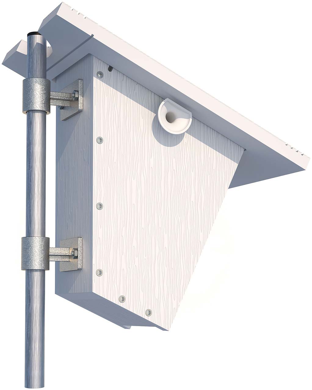 Image illustrating how the nest box mounts and slides on a pipe.